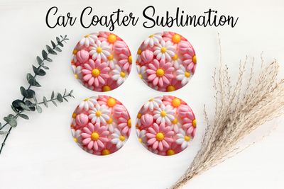 Car Coaster Sublimation Print - Puff Pink White Flowers