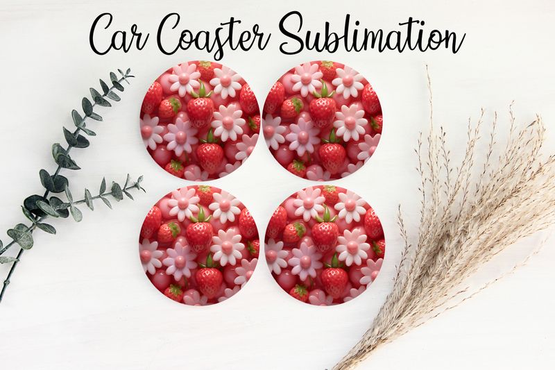 Car Coaster Sublimation Print - Puff Strawberry Flowers