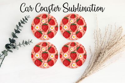 Car Coaster Sublimation Print - Puff Strawberry White Flowers