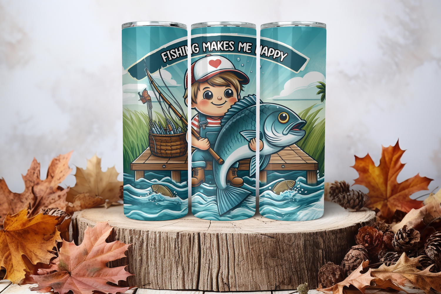 20oz Skinny Sublimation Tumbler Wrap Print - Happy Kid Fishing