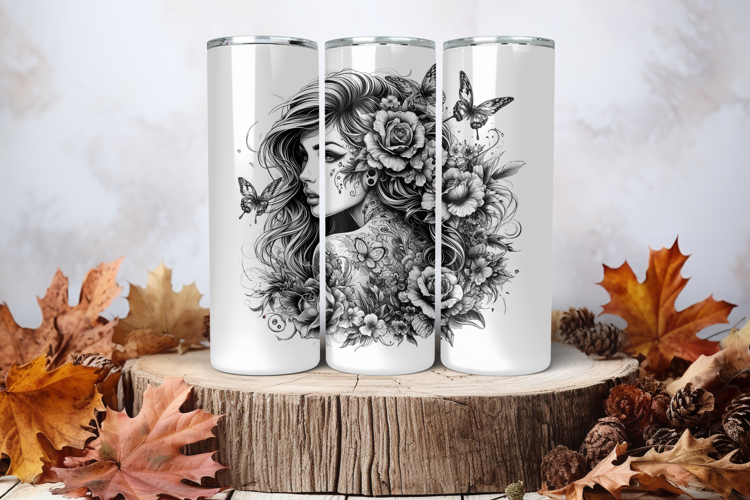 20oz Skinny Sublimation Tumbler Wrap Print - Tattooed Girl Black &amp; White