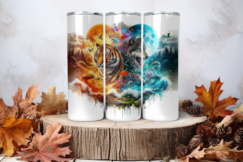 20oz Skinny Sublimation Tumbler Wrap Print - Wolf Tiger Colourful Splash