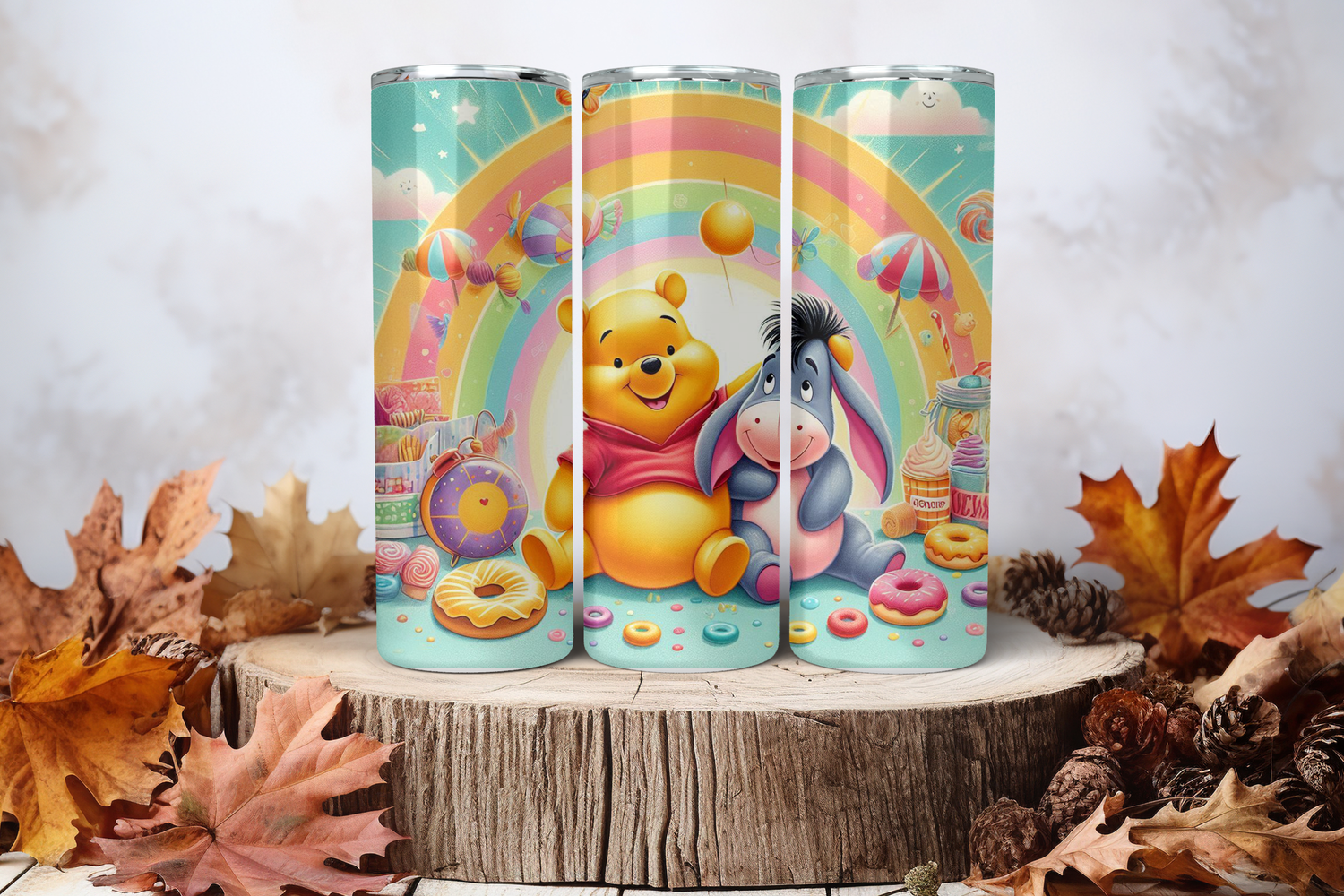 20oz Skinny Sublimation Tumbler Wrap Print - Pooh &amp; Eeyore Rainbow Donuts