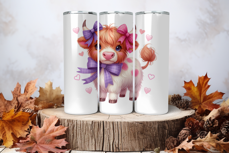 20oz Skinny Sublimation Tumbler Wrap Print - Highland Cow With Pink &amp; Purple Bow