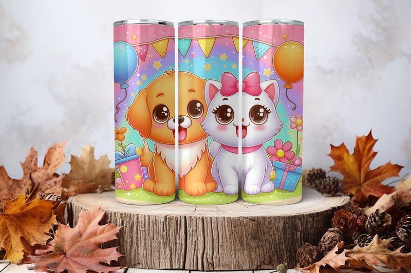 20oz Skinny Sublimation Tumbler Wrap Print - Dog &amp; Cat With Balloons
