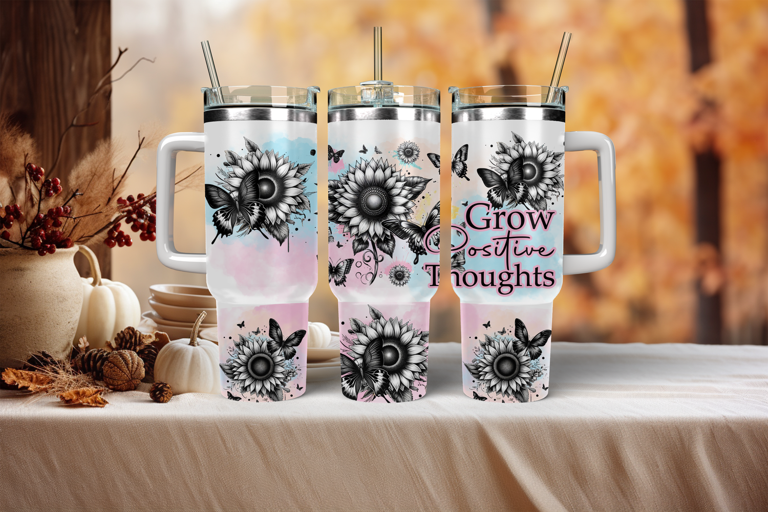 40oz Sublimation Tumbler Wrap Print - Grow Positive Thoughts