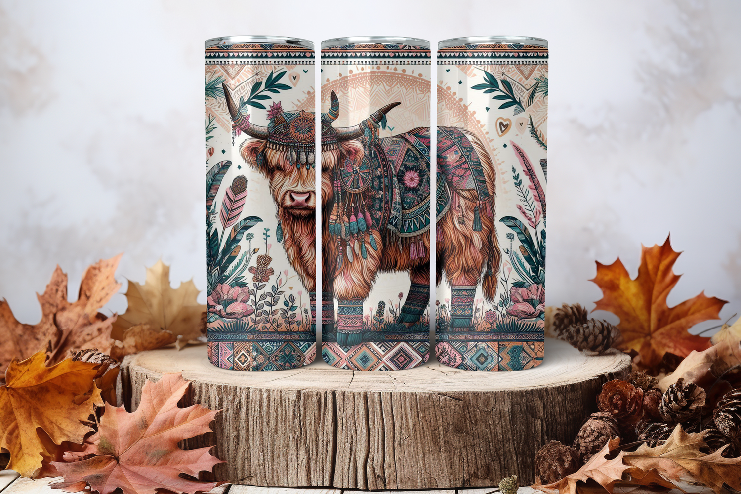20oz Skinny Sublimation Tumbler Wrap Print - Cow Aztec Boho