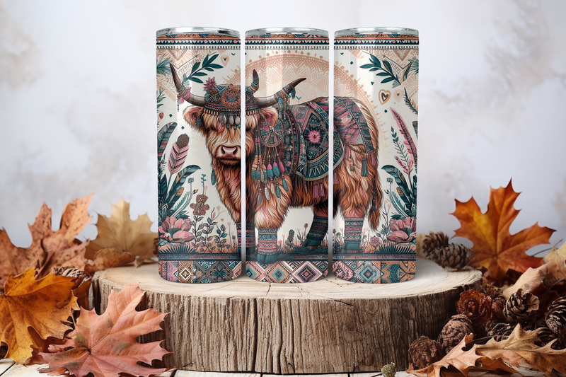 20oz Skinny Sublimation Tumbler Wrap Print - Cow Aztec Boho