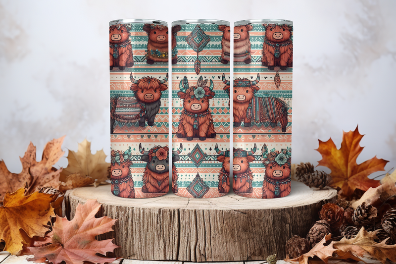 20oz Skinny Sublimation Tumbler Wrap Print - Cow Aztec Boho 2