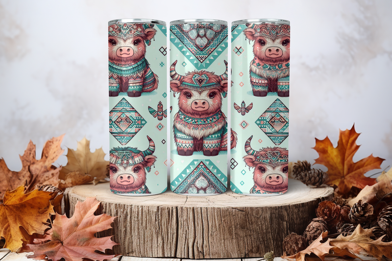 20oz Skinny Sublimation Tumbler Wrap Print - Cow Aztec Light Blue