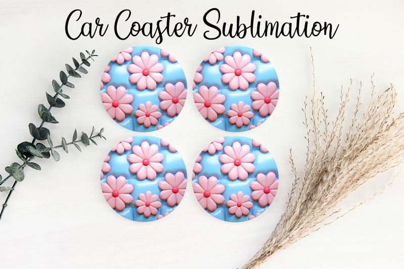 Car Coaster Sublimation Print - Puff Pink Flower in Blue