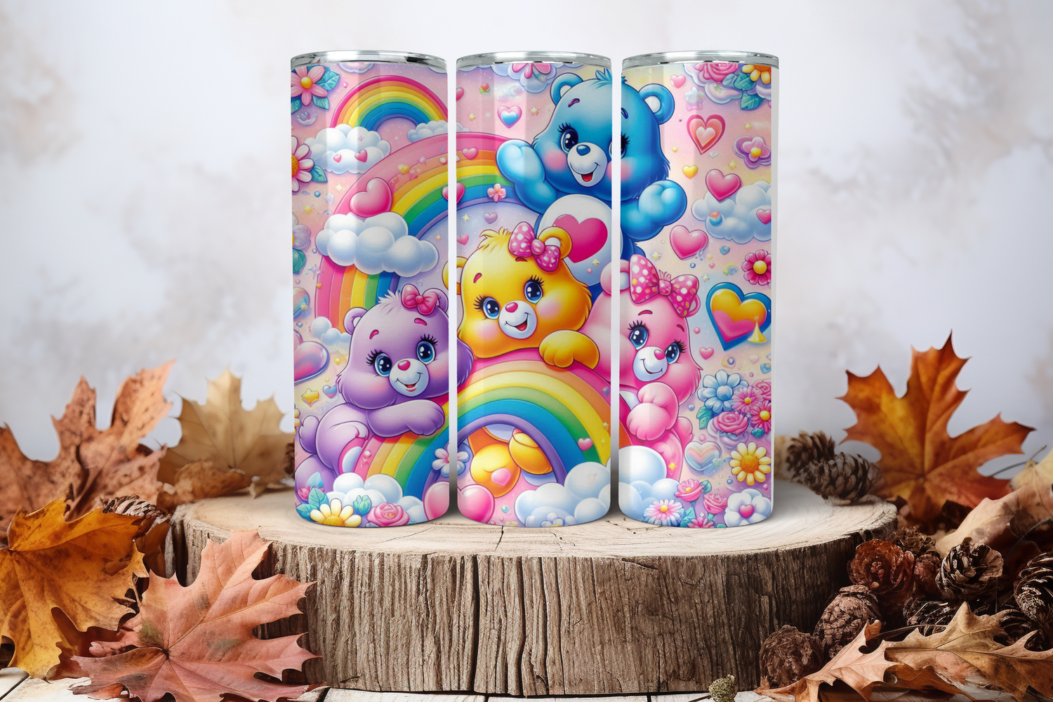 20oz Sublimation Tumbler Wrap Print - Cute Bears Triple Rainbow