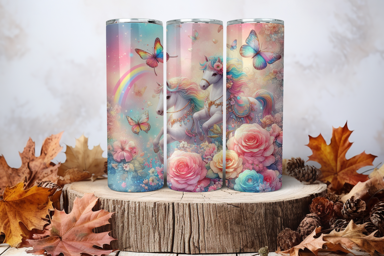 20oz Skinny Sublimation Tumbler Wrap Print - Horses Rainbow