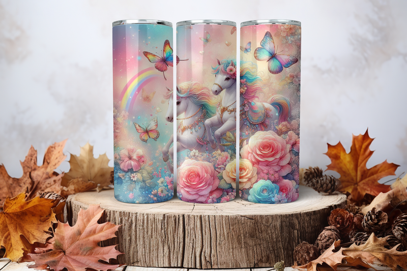 20oz Skinny Sublimation Tumbler Wrap Print - Horses Rainbow