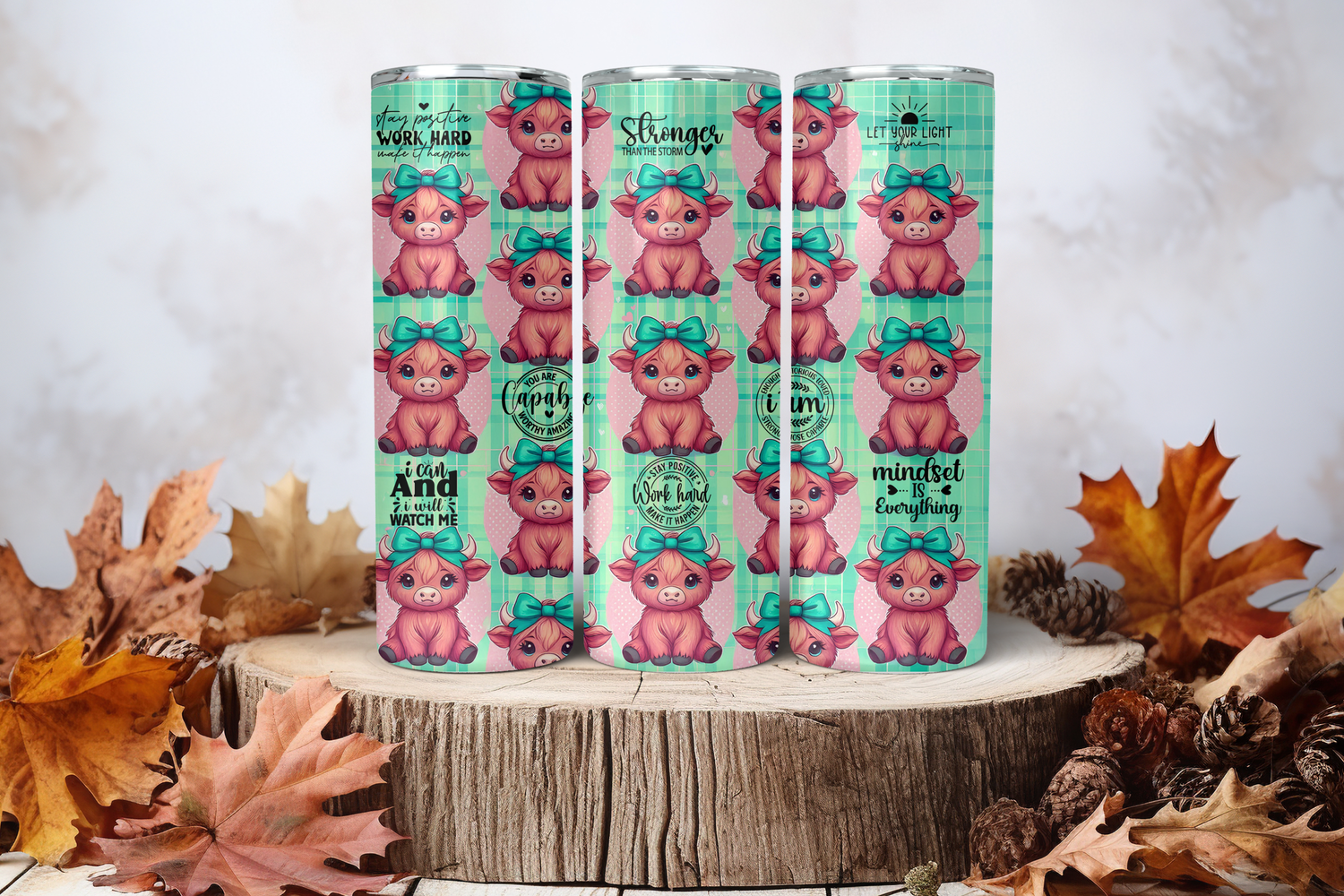 20oz Sublimation Tumbler Wrap Print - Highland Cow With Green Bows Affirmations