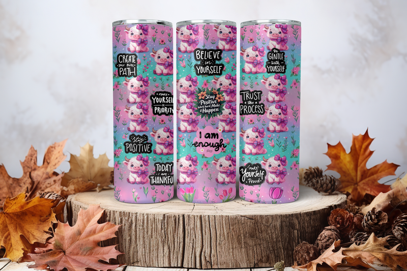 20oz Sublimation Tumbler Wrap Print - Highland Cow With Purple Bows Affirmations