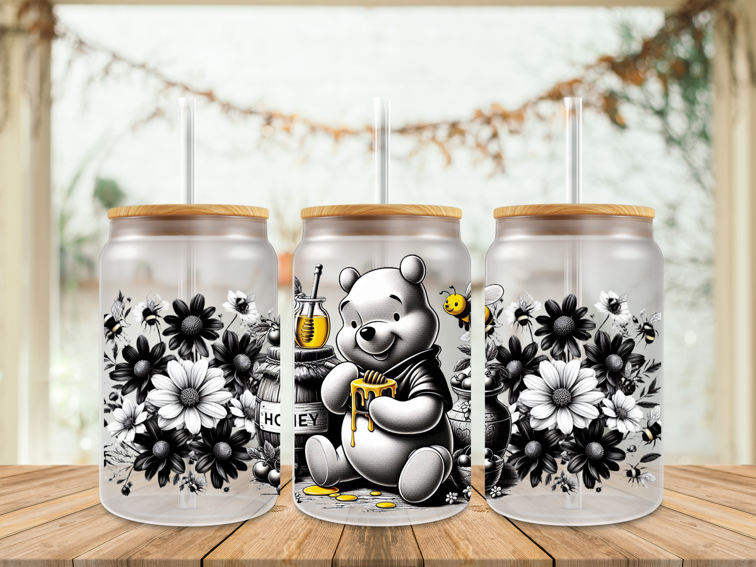 Double Sided Pooh Black &amp; White With Daisies