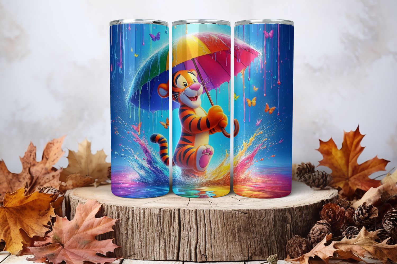 20oz Skinny Sublimation Tumbler Wrap Print - Tigger Holding Umbrella Butterflies