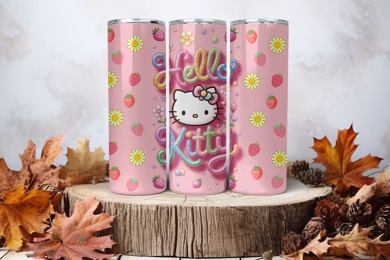 20oz Skinny Sublimation Tumbler Wrap Print - Hello Kitty Strawberries