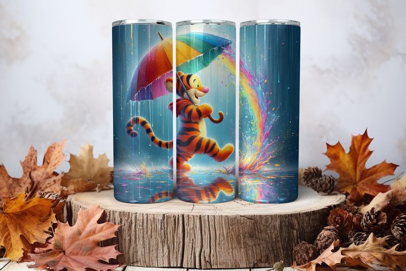 20oz Skinny Sublimation Tumbler Wrap Print - Tigger Holding Umbrella Rainbow