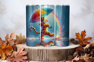 20oz Skinny Sublimation Tumbler Wrap Print - Tigger Holding Umbrella Rainbow