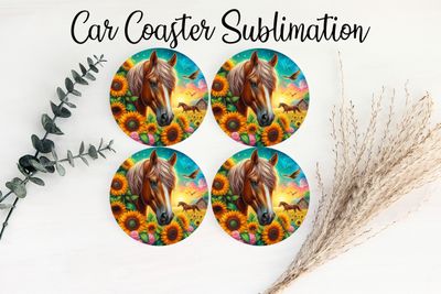 Car Coaster Sublimation Print - Horses Sunflower