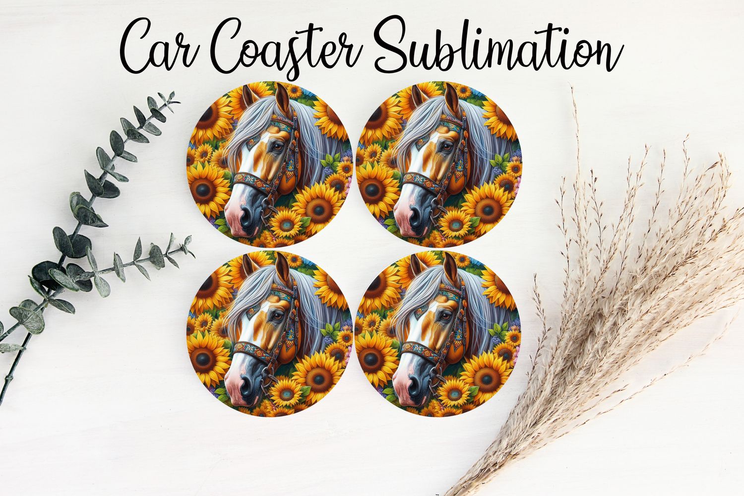 Car Coaster Sublimation Print - Horses Sunflower 2