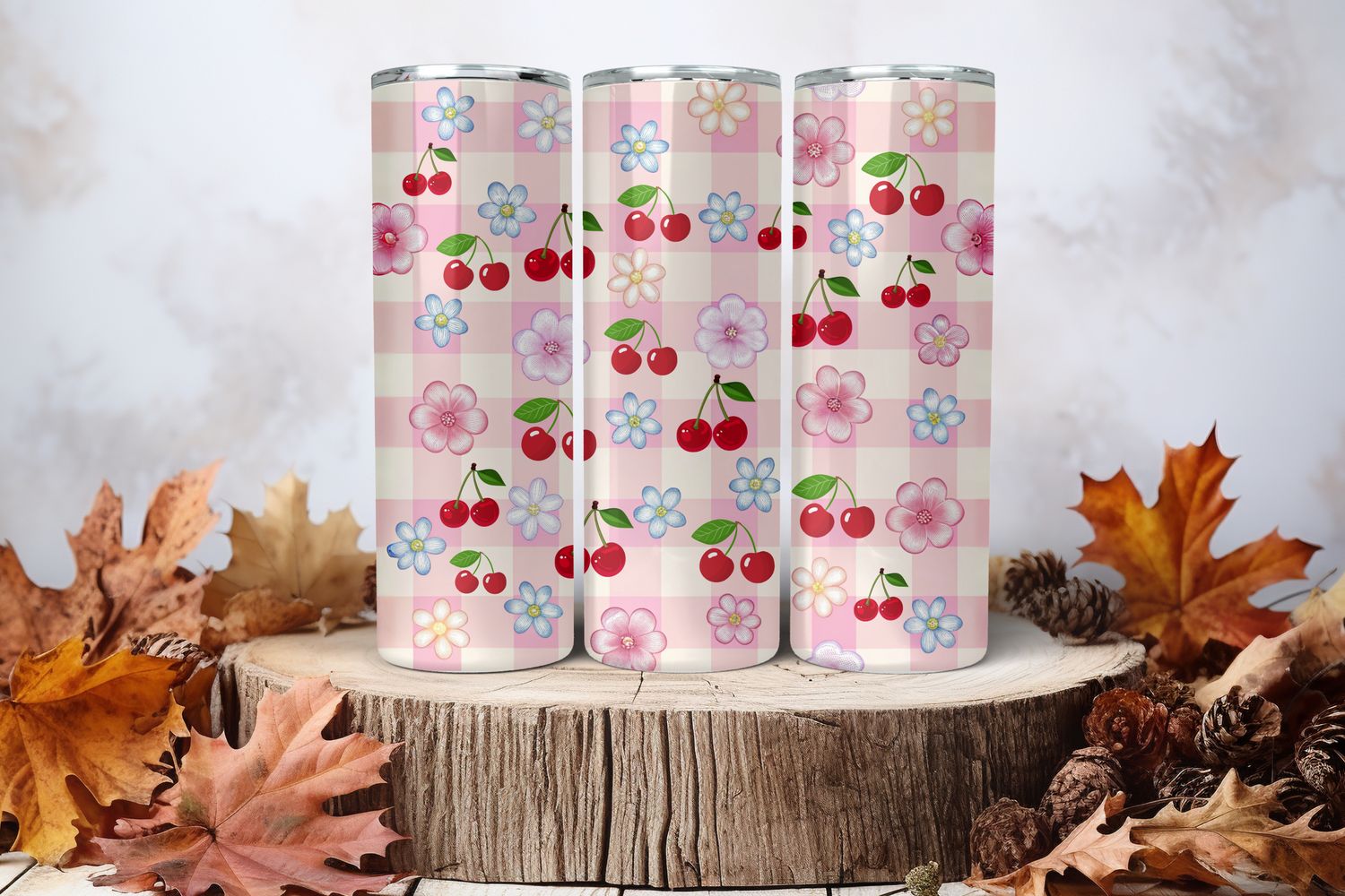 20oz Skinny Sublimation Tumbler Wrap Print - Cherries Checkered