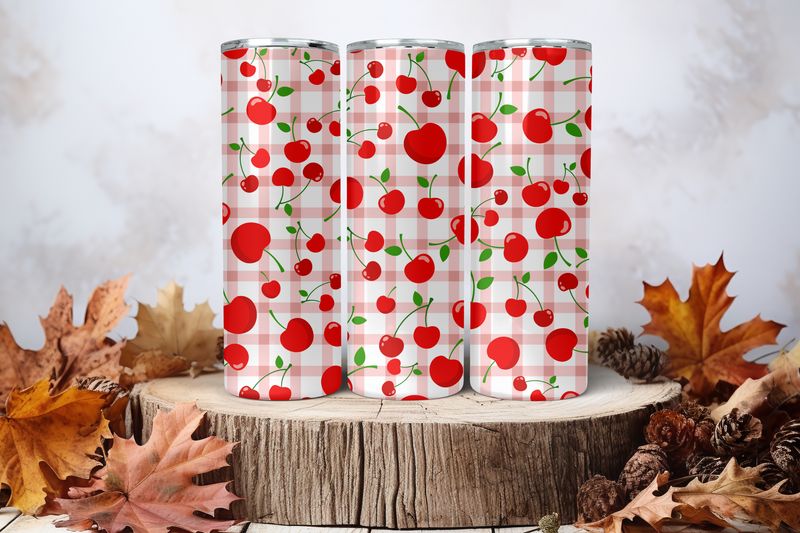 20oz Skinny Sublimation Tumbler Wrap Print - Cherries Checkered 2nd