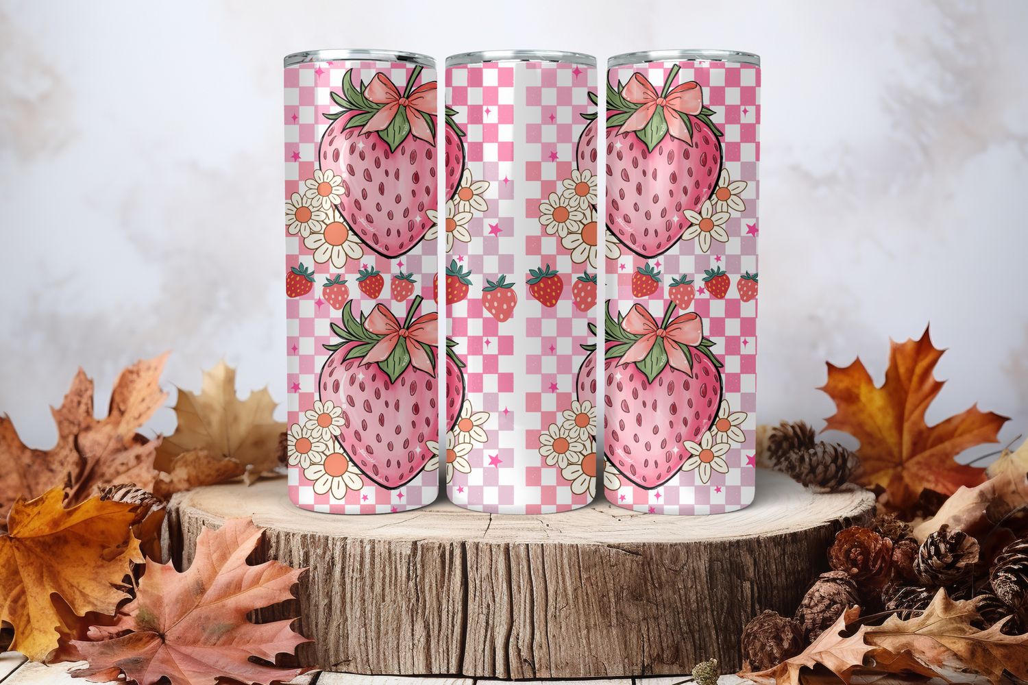 20oz Skinny Sublimation Tumbler Wrap Print - Strawberry Checkered