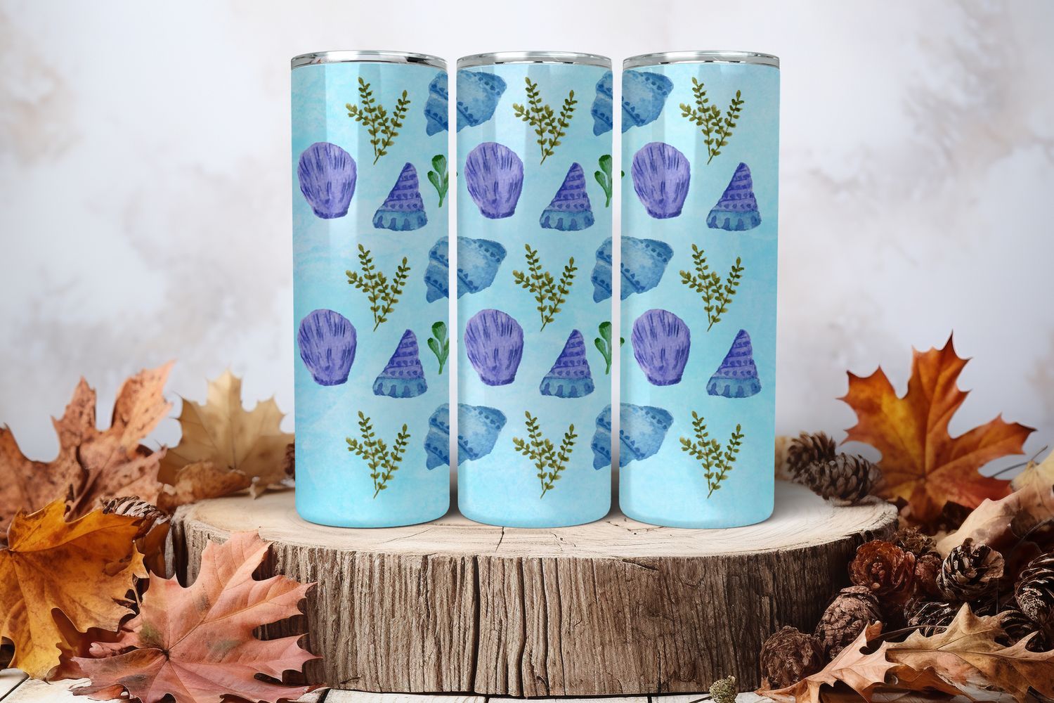20oz Skinny Sublimation Tumbler Wrap Print - Seashells Blue