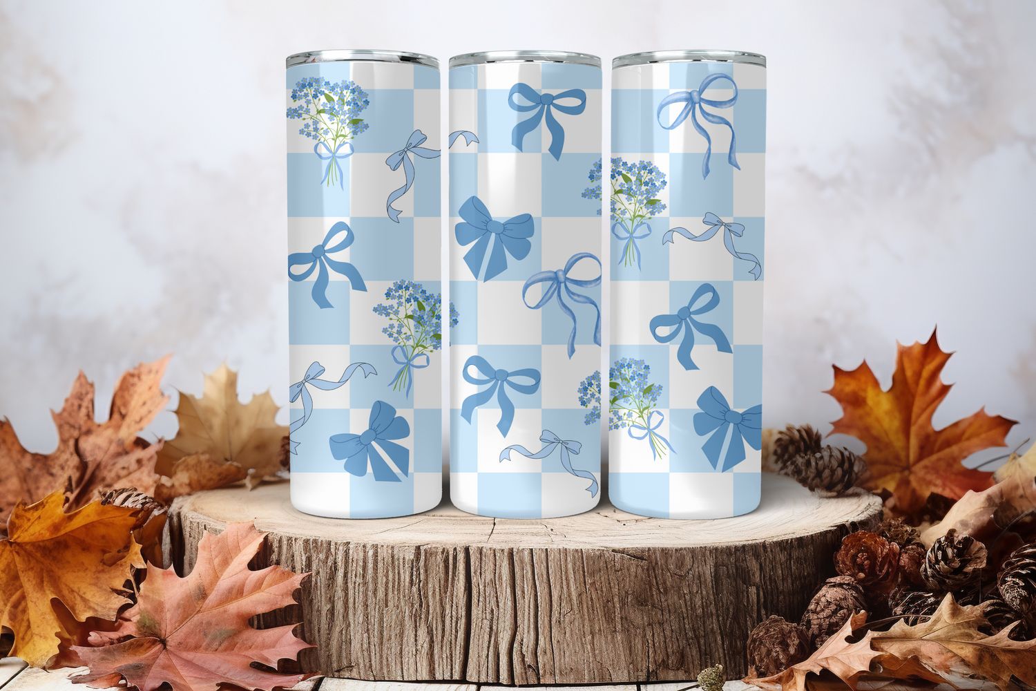 20oz Sublimation Tumbler Wrap Print - Blue Bows Checkered