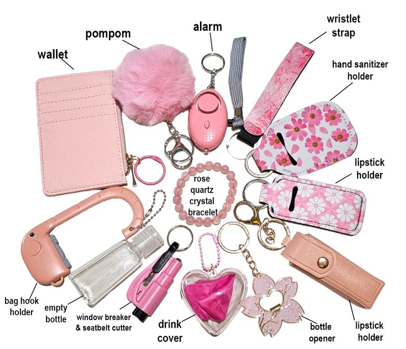 Pink Self Defence Keychain Set with Rose Quartz Crystal Bracelet
