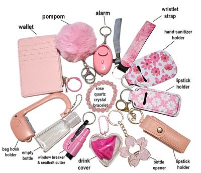 Pink Self Defence Keychain Set with Rose Quartz Crystal Bracelet