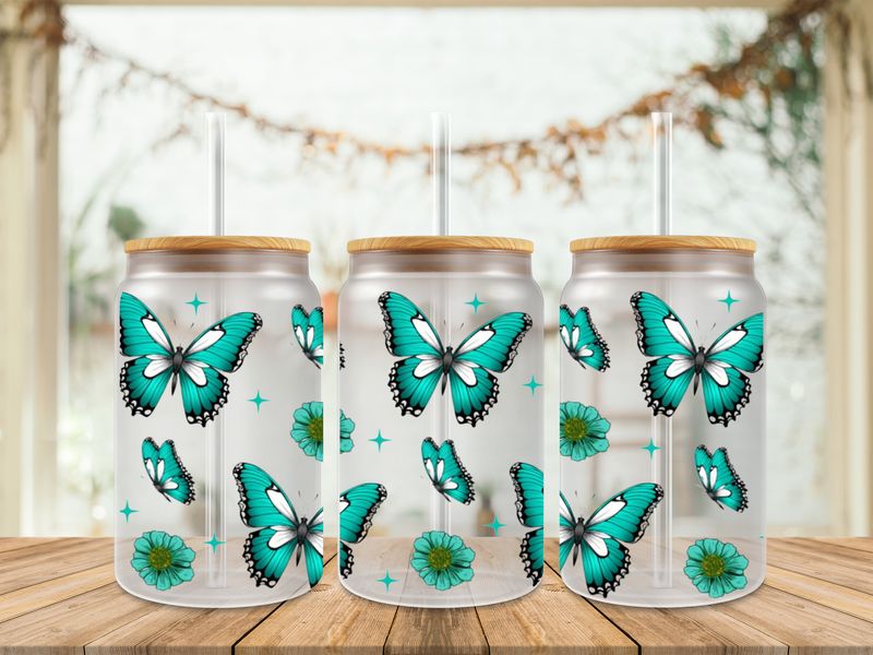 Double Sided Green Butterflies 7 Flowers Uv Dtf Wrap