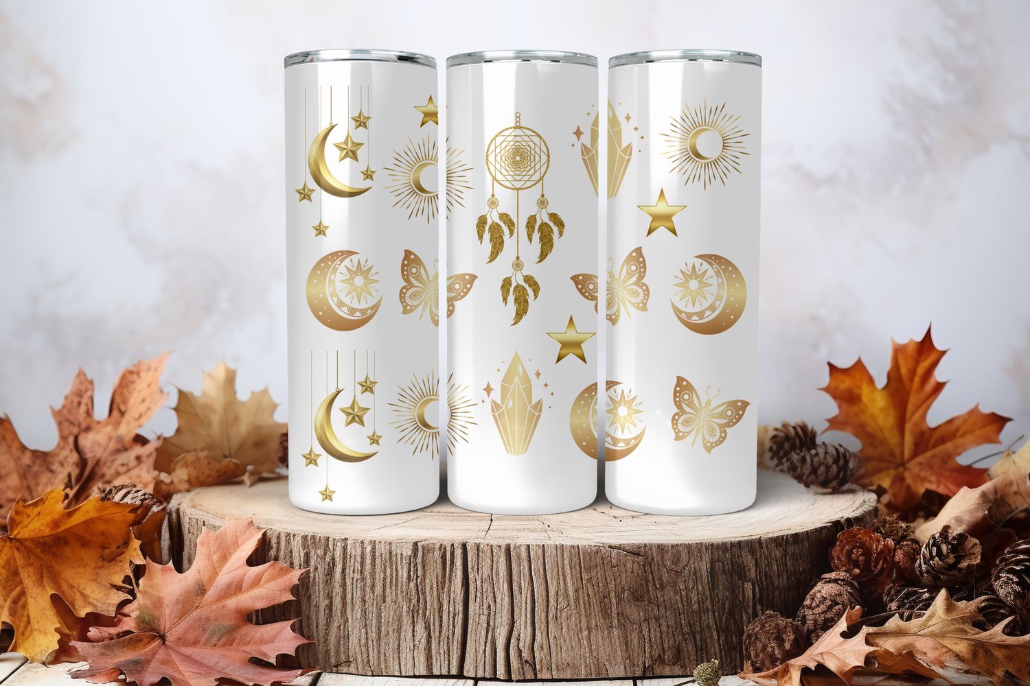 20oz Skinny Sublimation Tumbler Wrap Print - Sun &amp; Moon With Crystals