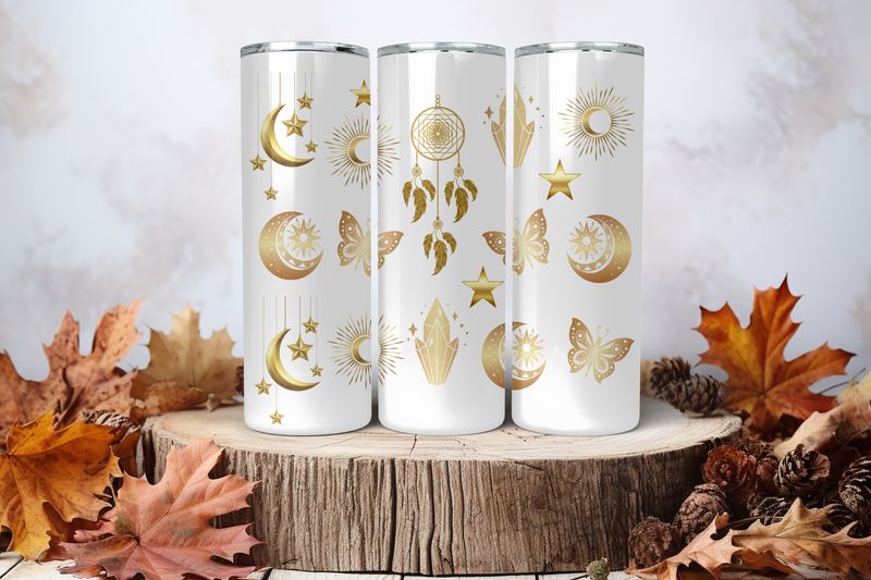 20oz Skinny Sublimation Tumbler Wrap Print - Sun &amp; Moon With Crystals