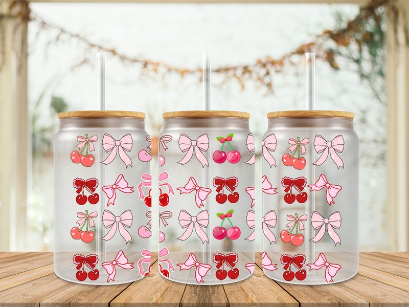 Double Sided Uv Dtf Wrap - Cherry &amp; Light Pink Bows