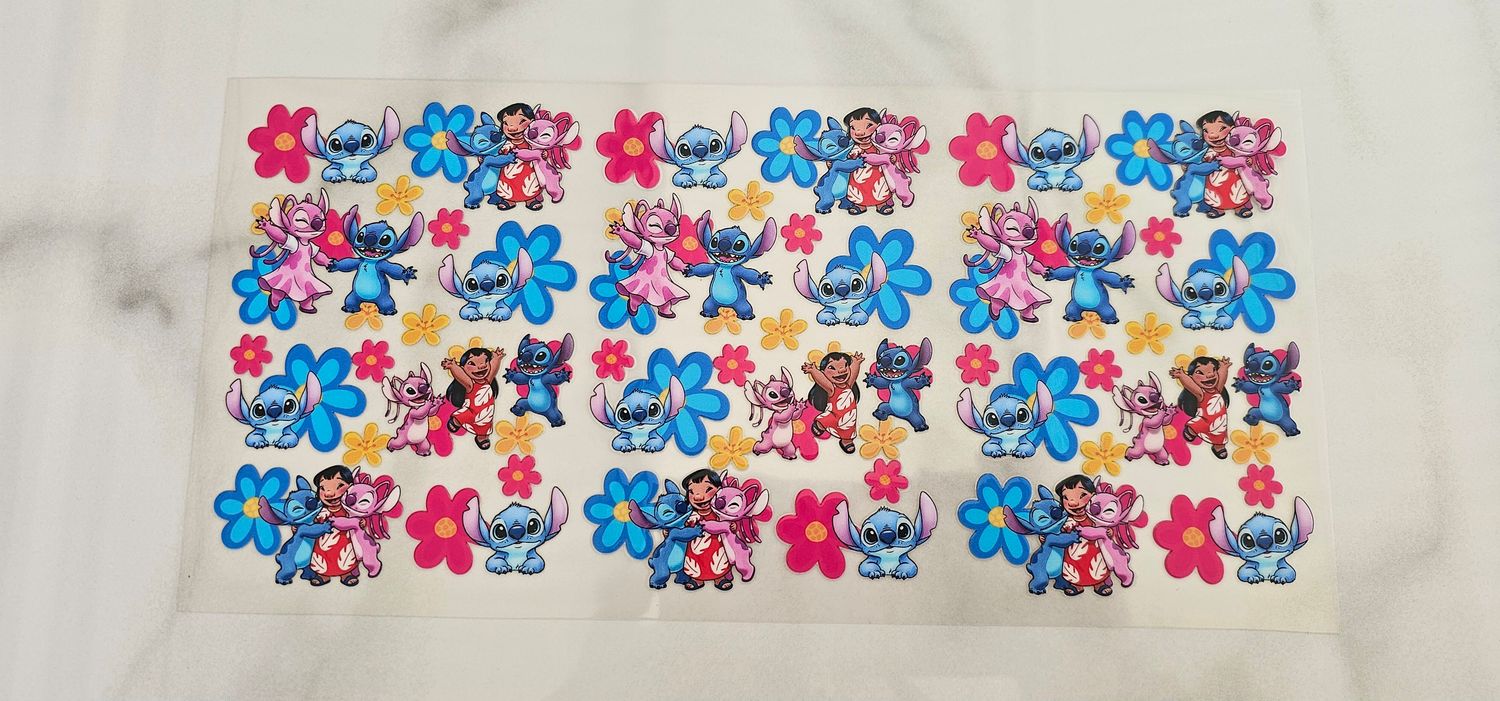 Double Sided Uv Dtf Wrap - Lilo &amp; Stitch Pink &amp; Blue Flowers
