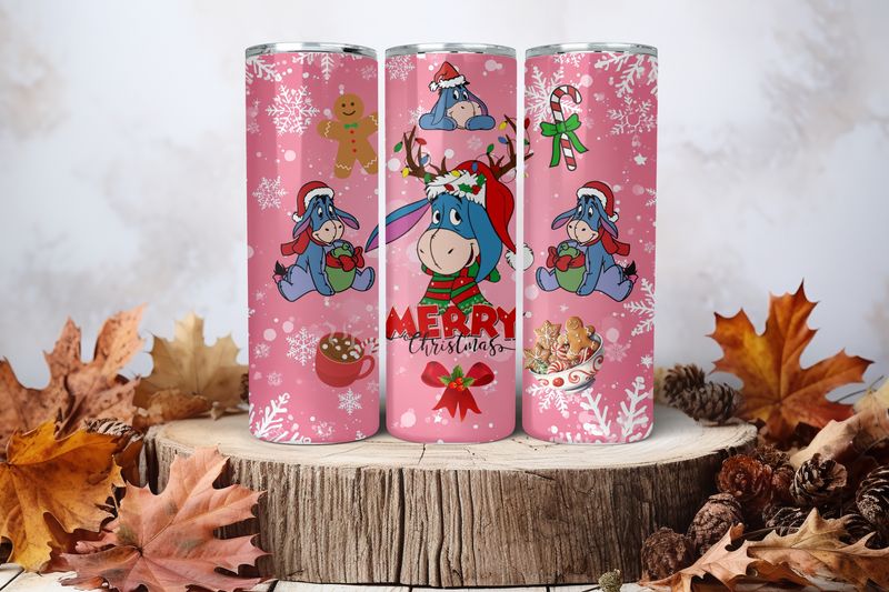 20oz Sublimation Tumbler Wrap Print - Eeyore Christmas Pink Snowflakes