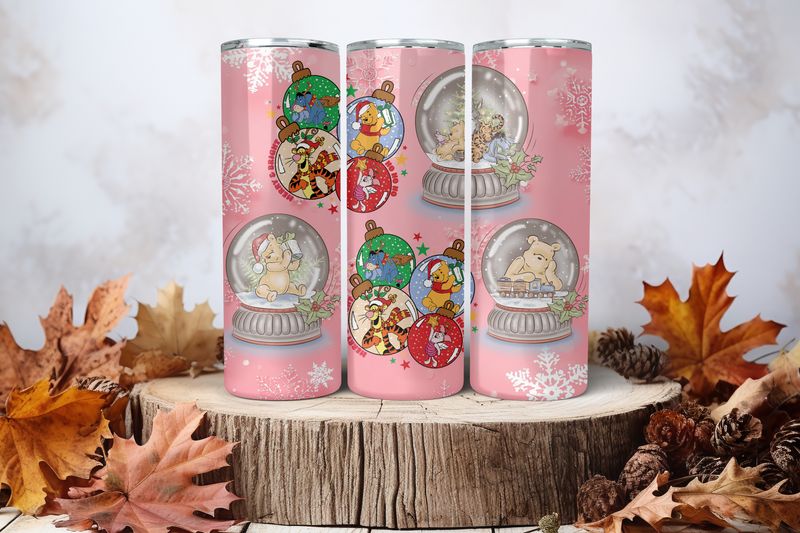 20oz Sublimation Tumbler Wrap Print - Pooh &amp; Friends Christmas Snowglobes