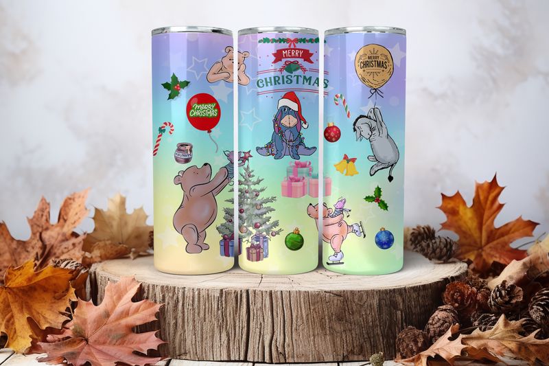 20oz Sublimation Tumbler Wrap Print - Classic Pooh Christmas Skating
