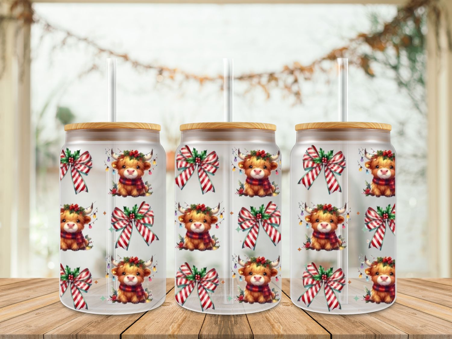 16oz Uv Dtf Wrap - Christmas Highland Cow and Bows