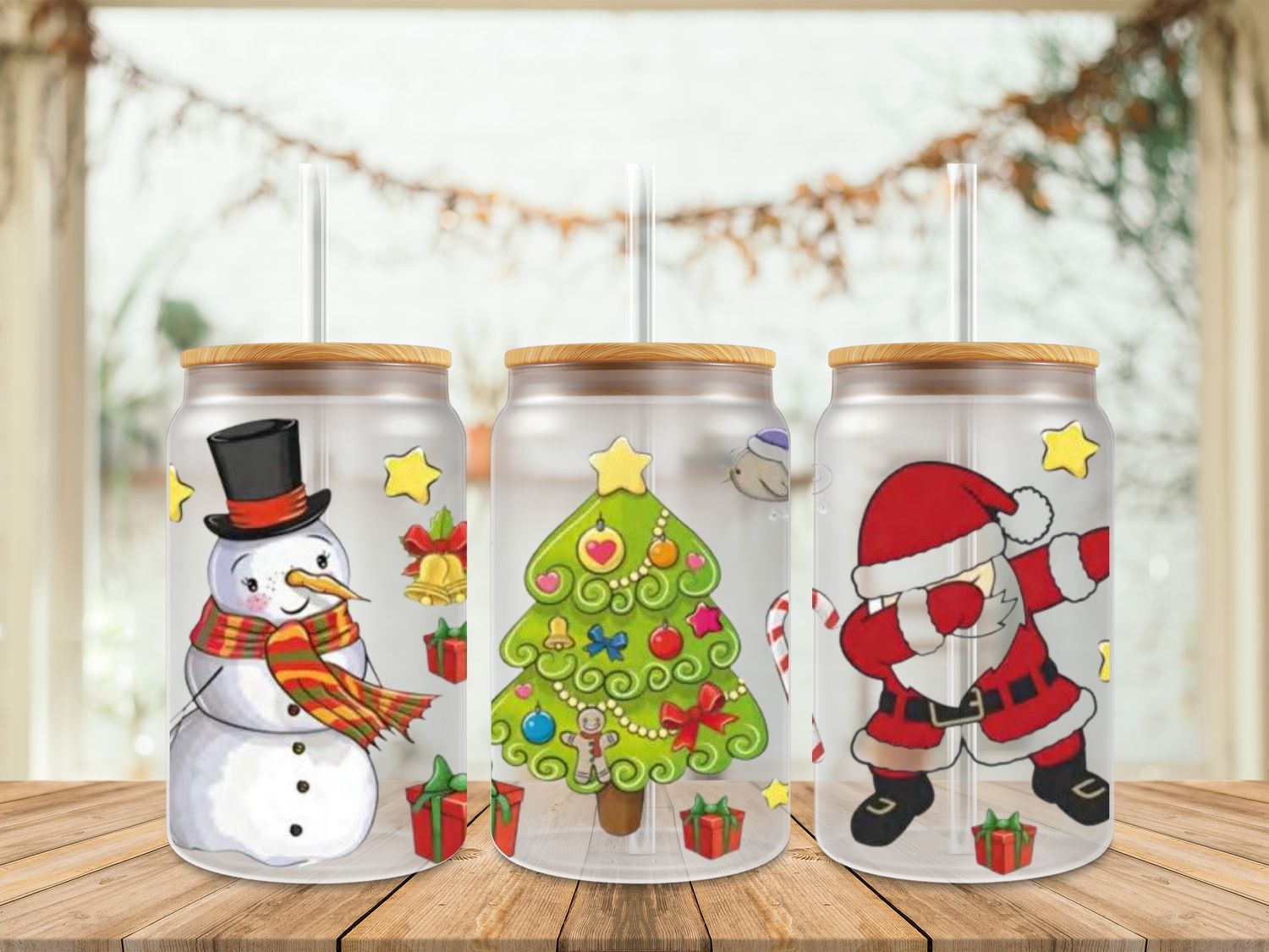 16oz Uv Dtf Wrap - Christmas Santa Tree &amp; Snowman