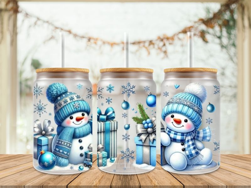 16oz Uv Dtf Wrap - Christmas Snowman Blue Theme