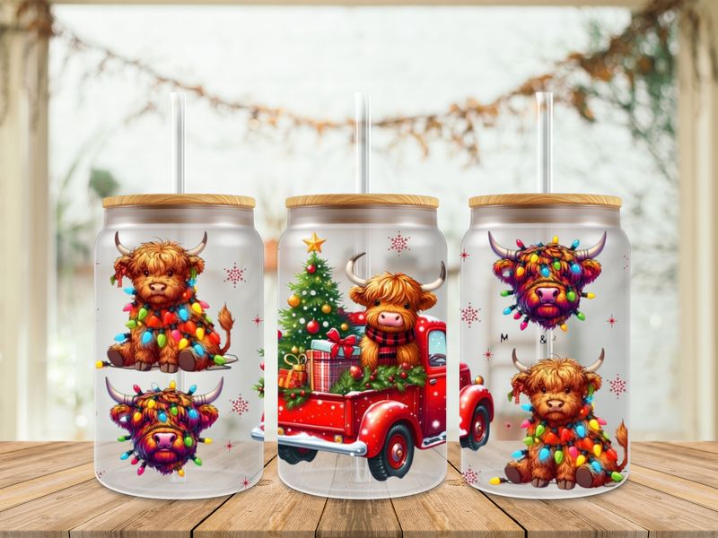 16oz Uv Dtf Wrap - Highland Cow On Red Car