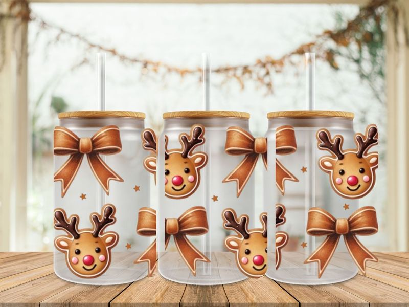 16oz Uv Dtf Wrap - Reindeer &amp; Bows