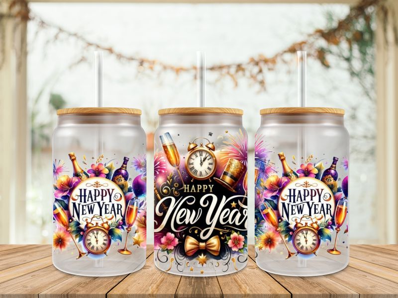 16oz Uv Dtf Wrap - Happy New Year Clock &amp; Wine