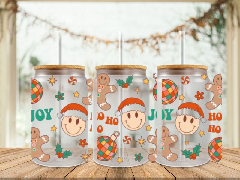 16oz Uv Dtf Wrap - Christmas Smileys and Gingerbread