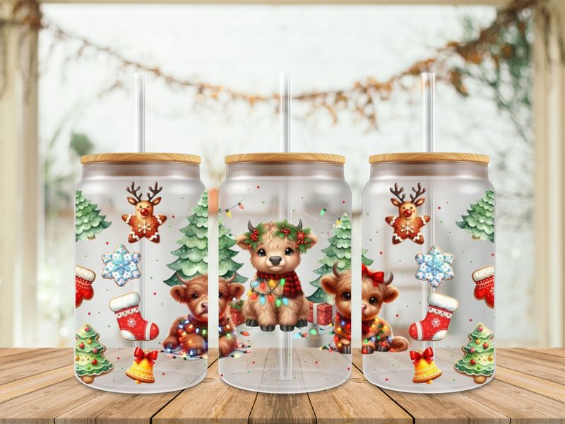 16oz Uv Dtf Wrap - Christmas Highland Cow Trio